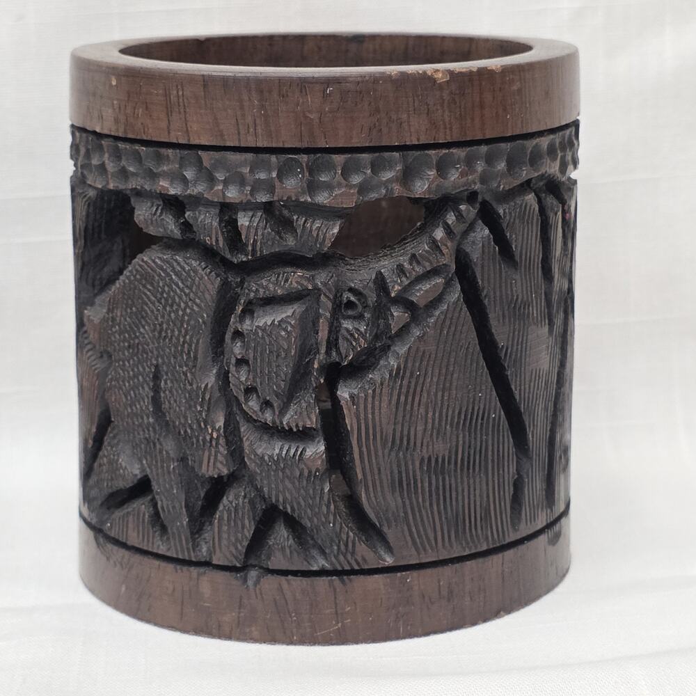 Vintage African Carved Wood Elephant Vase Bowl Set Handmade Safari Décor